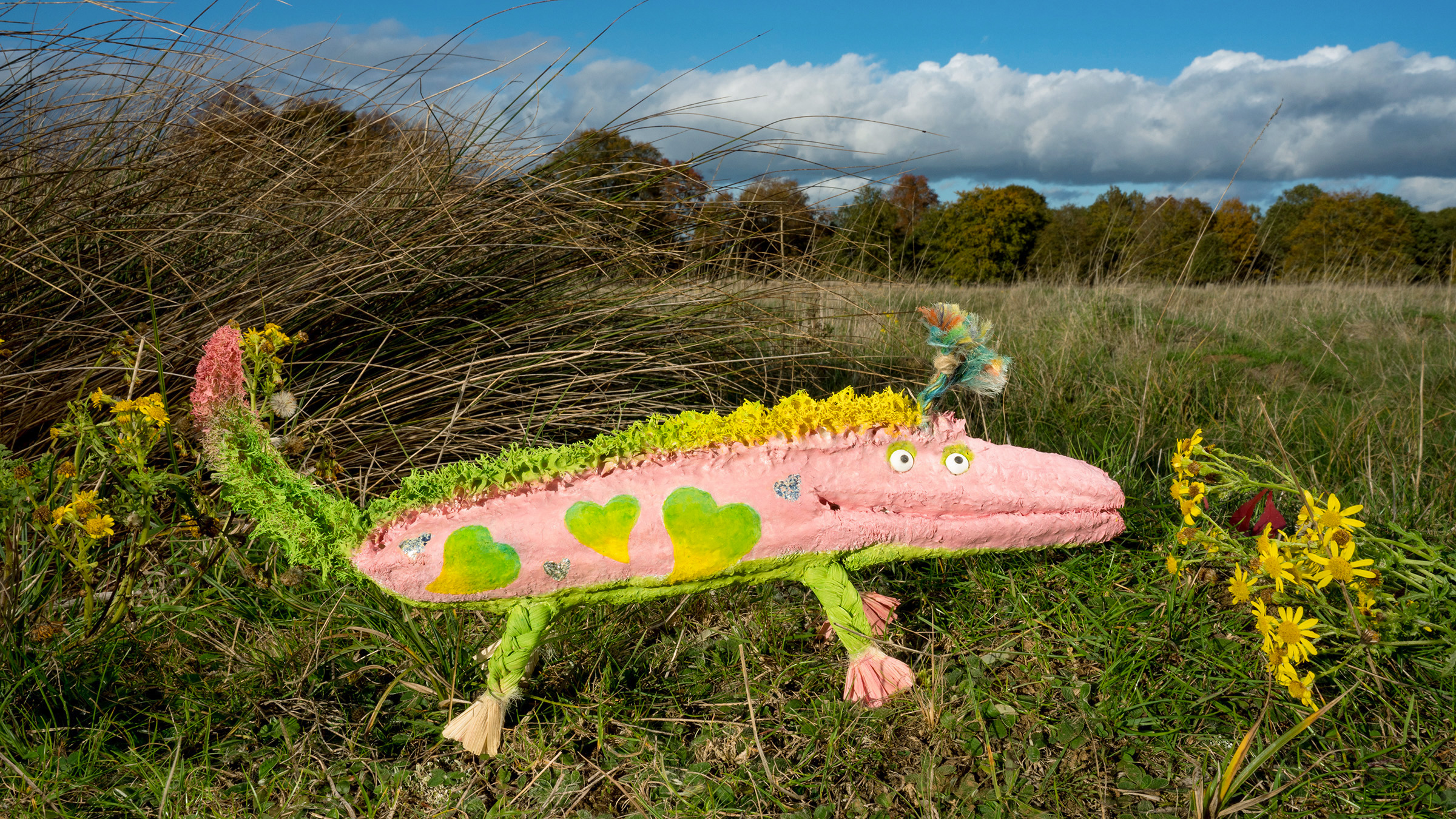 Loomyco edible pet soft toy photographed outdoors among plants and grasses